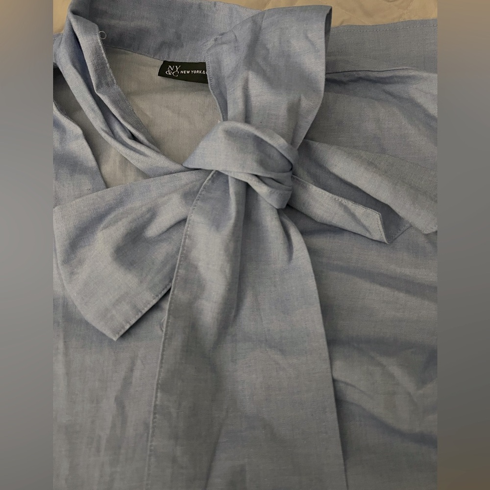 NY Collection Light Blue Blouse with Bow Detail Plus Size